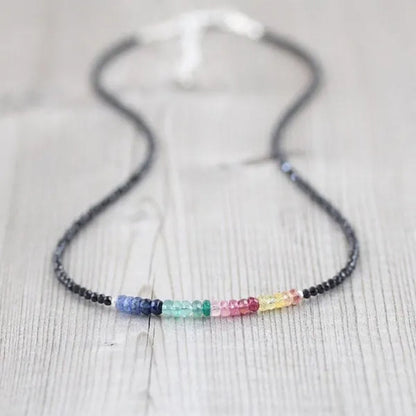 Sapphire, Ruby, Emerald & Black Spinel Necklace. Sterling Silver, Rose, Gold Filled. Dainty Delicate Multi Color Gemstone Choker for Women