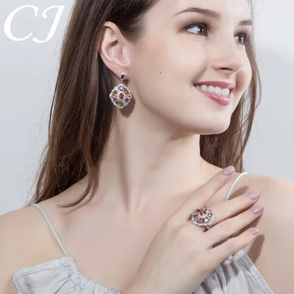 CANDICE Women Fashion Sterling Silver Plated Jewelry Summer New Design Paved Pink Purple Green Zircon Bling Lady Big Finger Rings（Us SIZE 6-9）