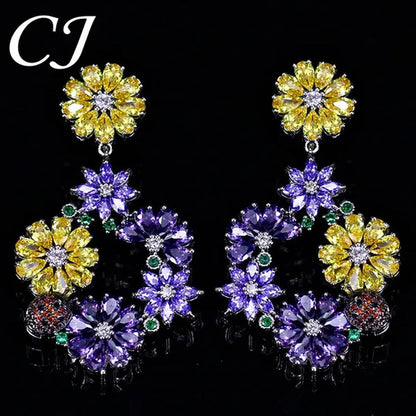 CANDICE Noble Purple Crystal Big Long Dropping Earrings Setting White Gold Plated Yellow Cubic Zirconia Graceful Floral Women Prom Party Jewelry With Sterling Silver Plated