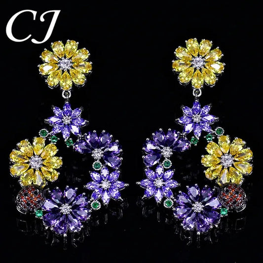 CANDICE Noble Purple Crystal Big Long Dropping Earrings Setting White Gold Plated Yellow Cubic Zirconia Graceful Floral Women Prom Party Jewelry With Sterling Silver Plated