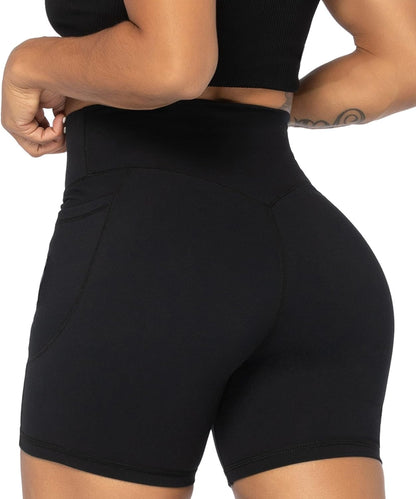 No Front Seam Biker Shorts for Women with Pockets, Yoga Workout Gym Bike Shorts with Tummy Control