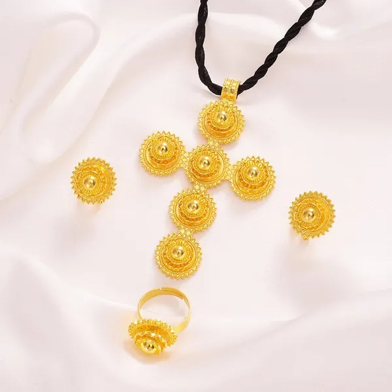 high qualityGold Color cross pendant Ethiopian Jewelry Sets Necklace Bracelet earrings ring Dubai Wedding Bride Habesha sets African Items gift