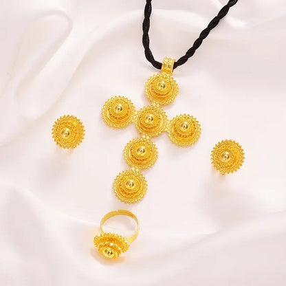 high qualityGold Color cross pendant Ethiopian Jewelry Sets Necklace Bracelet earrings ring Dubai Wedding Bride Habesha sets African Items gift