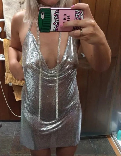 Club Women Party Dress Kendall Jenner Metal Mesh Spaghetti Strap Sheath Draped Hollow Out Spark Diamonds Neck Halter