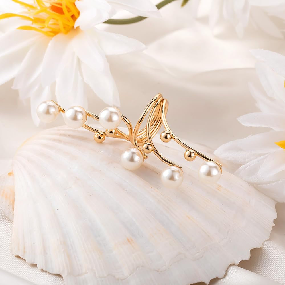 Gold Pearl Rings for Women Chunky Promise Ring Wrap Finger Rings Open Adjustable Stacking Ring Statement Party Prom Jewelry Gifts