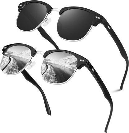 Polarized Semi Rimless Sunglasses for Men Women, Classic Retro Shades Half Frame Driving Sun Glasses UV Protection