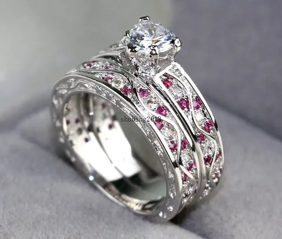 TWO RINGS Sz6-12 Couple Rings His Hers Ruby Heart Shape Cz Womens Ring Tungsten Steel Ring