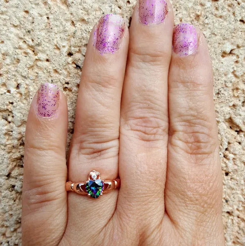 .925 Sterling Silver Rose Gold Rainbow Mystic Topaz Claddagh Ladies Ring Size 4-10 Midi Knuckle