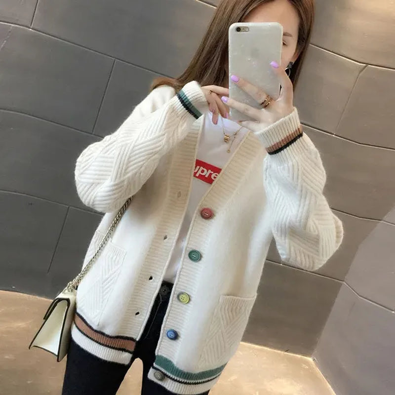 New Fashion Pull Femme Autumn and Winter Wool Pure Cashmere Sweater Cardigan Pullovers Long Sleeve Women Striped Stitching Color Knitted Cardigans Pullover Damen Jumper Outwear Coat