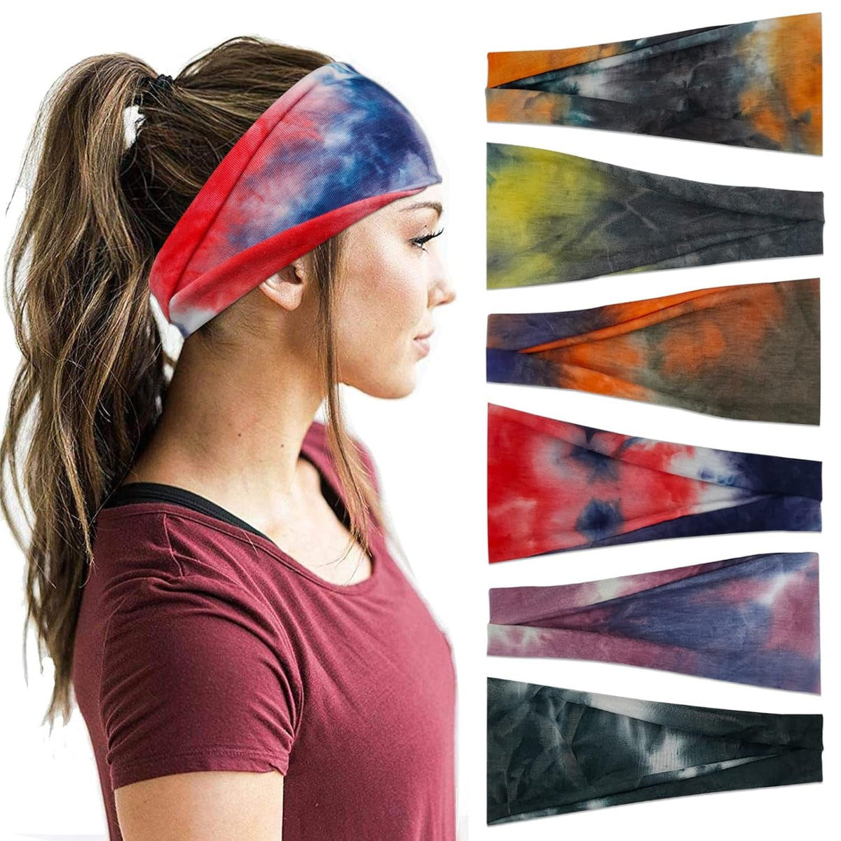 Headbands for Women Workout Wide Headband Yoga Head Bands for Women'S Hair Accessories Fashion Band Tie Dye 6 Pack