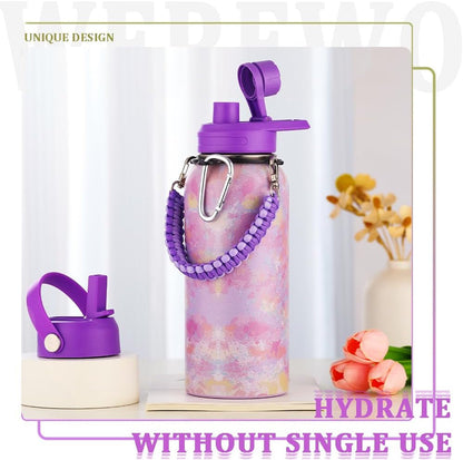 Personalized Insulated Water Bottle with Paracord Handle Straw Lid & Spout Lid, Vacuum Stainless Steel Wide Mouth Water Bottle for Adults 24 Oz, 32 Oz, 40 Oz