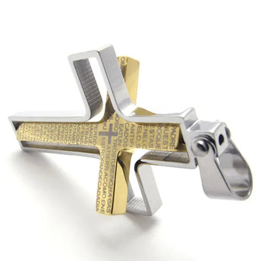 New Stylish Vintage Classics Design Men's Elegant 316L Stainless Steel Lord's Prayer Cross Pendant Trendy Titanium Steel Mens Necklace - Silver & Gold -with 21.6 inch Chain - Milkle Gift Fashion Jewelry
