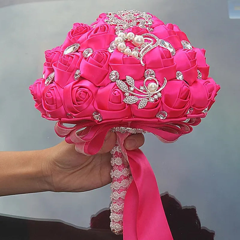 24CM Customized Silk Rose Wedding Bouquet Sapphire blue Artificial Flowers Wedding Bridal Bouquet Luxury Crystal Pearl Brooch Bridesmaid Bride Holding Flowers