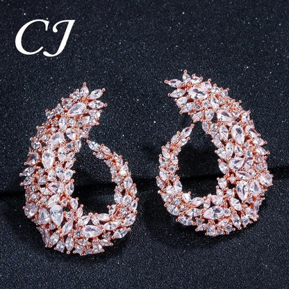 CANDICE Luxury 18K Rose Gold Plated Full Pave Multi Shape Rose Red And Pink Color CZ Zirconia Wedding Big Stud Earrings Romantic Party Jewelry for Brides
