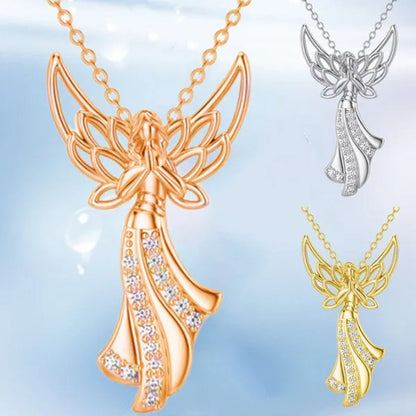 Exquisite Fashion Creative Women Angel Wings Diamond Necklace Holy Faith Angel Princess Pendant Engagement Necklace Women Diamond Jewelry Birthday Party Anniversary Gift Christmas Gift Jewelry Necklace
