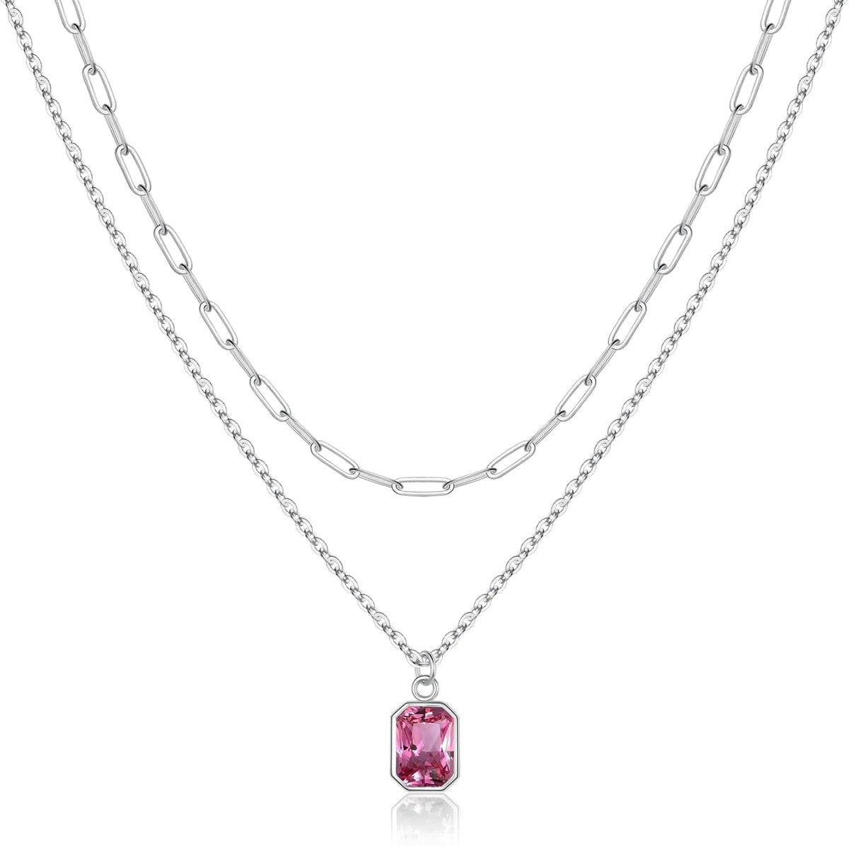 Layered Birthstone Necklace for Women Girls, Gold Silver Rose Gold Plated Layered Paperclip Chain Choker Necklace with Rectangle Birthstone Pendant Birthday Gifts for Women Girls Jewelry