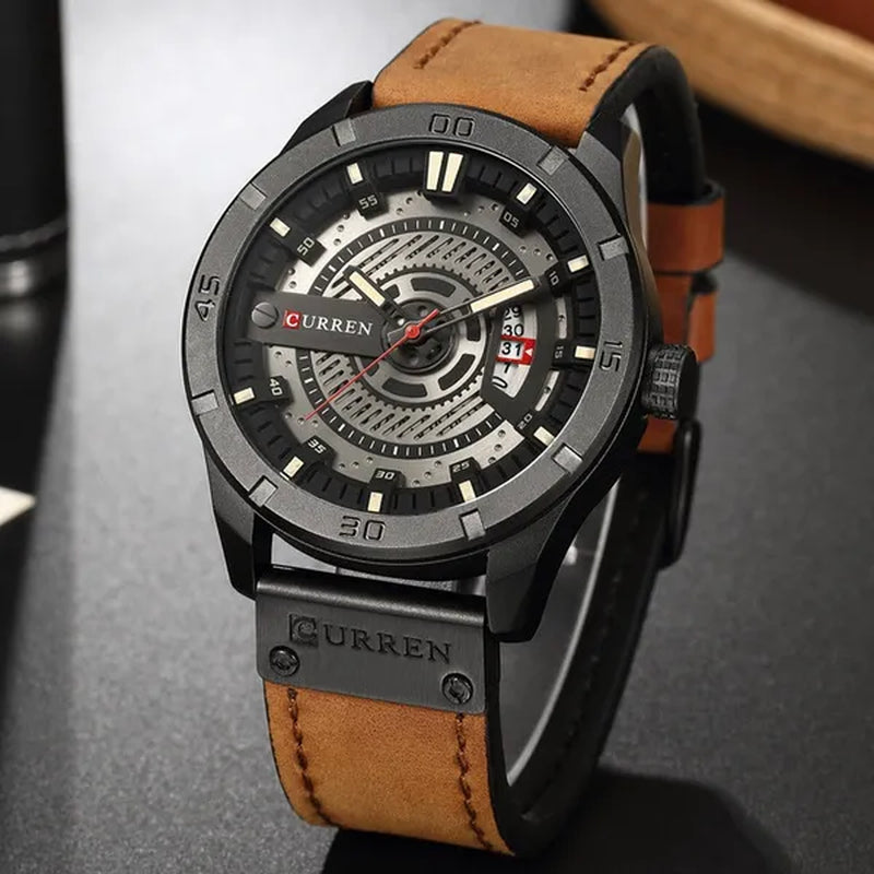CURREN Men Watch Army Military Sports Watches Black Case Leather Strap Waterproof Date Function