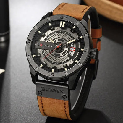 CURREN Men Watch Army Military Sports Watches Black Case Leather Strap Waterproof Date Function