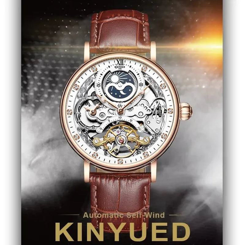 KINYUED Mechanical Automatic Watch Men Tourbillon Wristwatch Sports Clock Mechanism Self Winding Watches Casual Moon horloge man watches