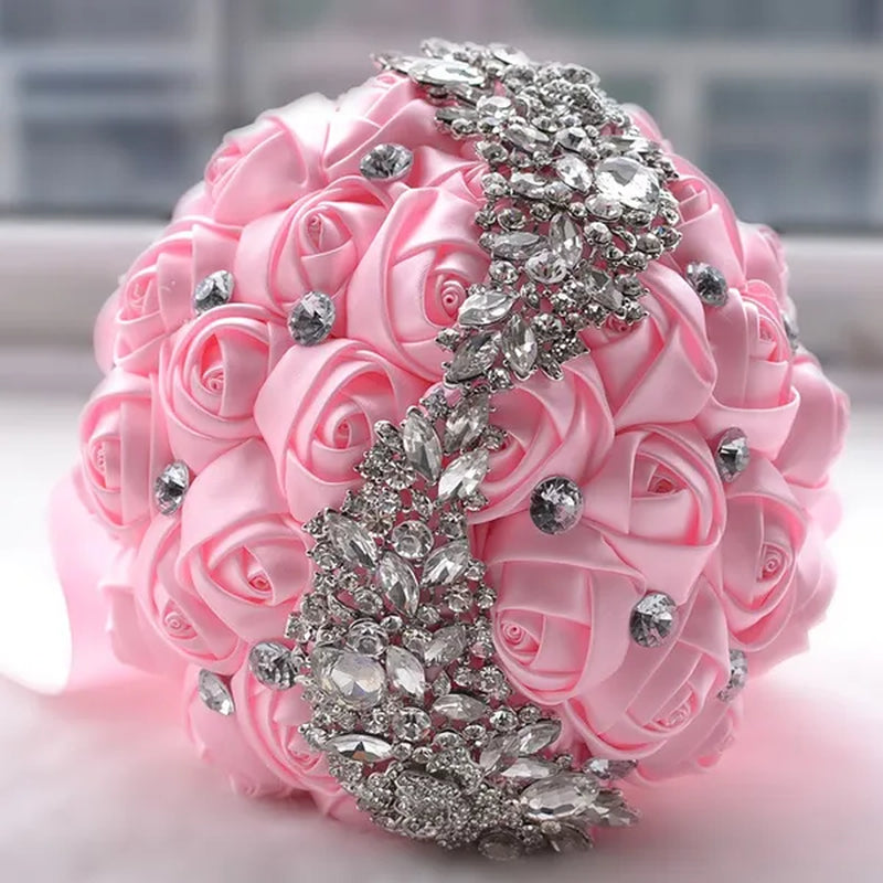 18CM Silk Rose Ribbon Wedding Bouquet Shiny Diamond Brooch Bridal Bouquet Creative Handmade DIY Bridesmaids Holding Flowers Wedding Party Simulation Flower