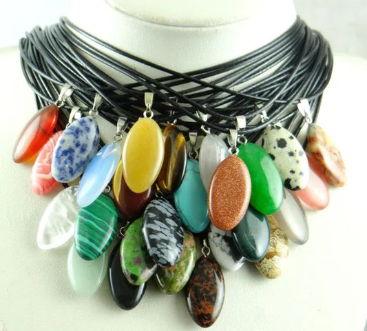 Wholesale Natural Stone Crystal Quartz Opal Snowflake Obsidian Horse Eye Pendant Leather Chains Necklace Women Fashion Jewelry 20PCs