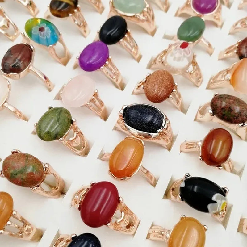 Mixed Wholesale 20Pcs/Gold-plated Natural Gem Ring Printing Rose-gold Women's Jewelry