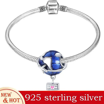 Summer Beach Travel Flying Bead Charm 925 Sterling Silver Blue Enamel Travel Pendant Charm for Women Bracelet & Necklace DIY