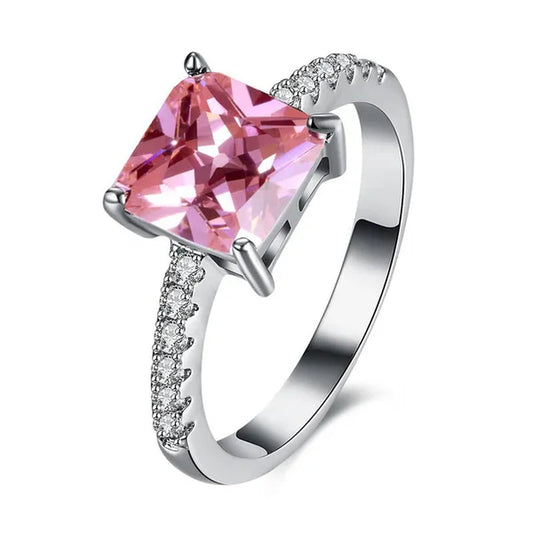 Women 18K White Gold Plated Square Rainbow Sapphire Crystal Wedding Ring Bridal Jewelry