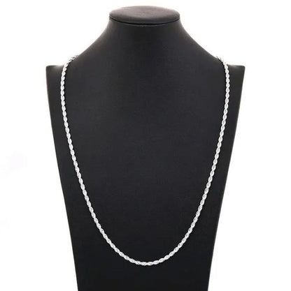 Fashion and Exquisite Men and Women 925 Silver Solid Silver 4Mm Rope Chain Necklace Bracelet (Necklace + Bracelet)