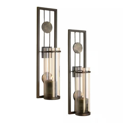 Contemporary Metal Brown Wall Candle Sconces with Antique Patina Medallions (Set of 2)