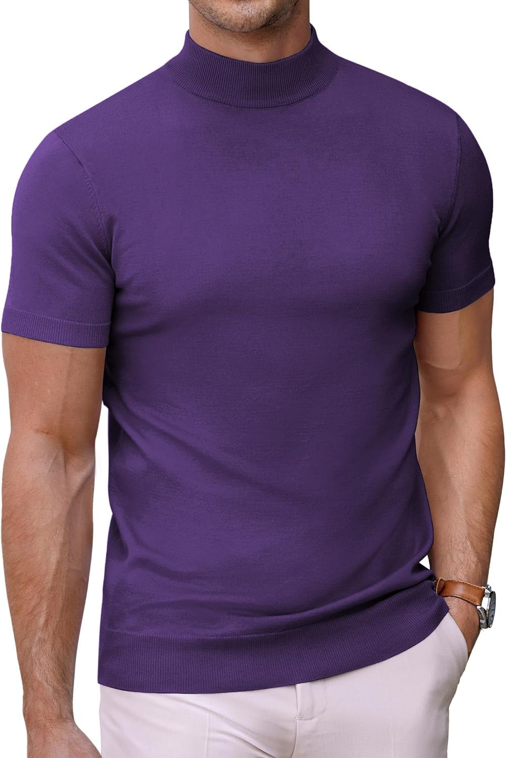 Mens Mock Turtleneck Sweater Short Sleeve Solid Color T-Shirts Basic Slim Fit Knitted Pullover Tees