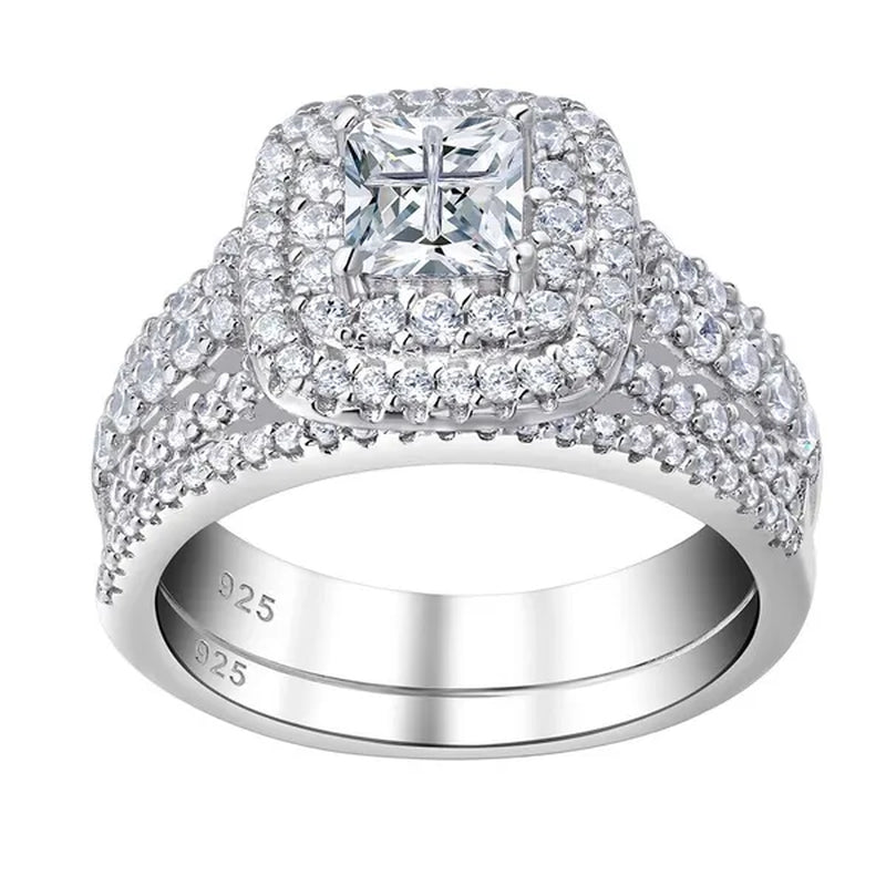 Newshe 925 Sterling Silver Princess Cross Halo Cubic Zirconia Wedding Ring Sets for Women Elegant Engagement Rings Sz 4-13
