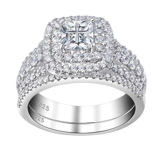 Newshe 925 Sterling Silver Princess Cross Halo Cubic Zirconia Wedding Ring Sets for Women Elegant Engagement Rings Sz 4-13