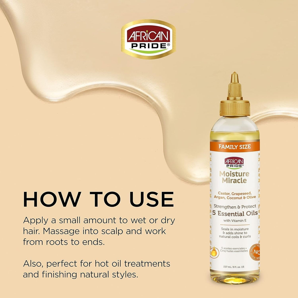 Moisture Miracle 5 Essential Hair Oils - Contains Castor, Grapeseed, Argan, Coconut & Olive Oil, Seals in Moisture & Adds Shine to Hair, Vitamin E, 8 Oz