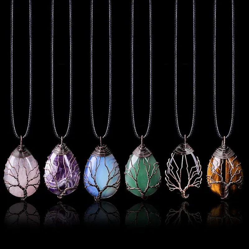 Vintage Natural Gemtone Crystal Amethyst Rose Quartz Tiger Eye Stone Water Drop Tree of Life Pendant Necklace for Women Men Jewelry