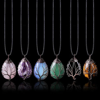 Vintage Natural Gemtone Crystal Amethyst Rose Quartz Tiger Eye Stone Water Drop Tree of Life Pendant Necklace for Women Men Jewelry
