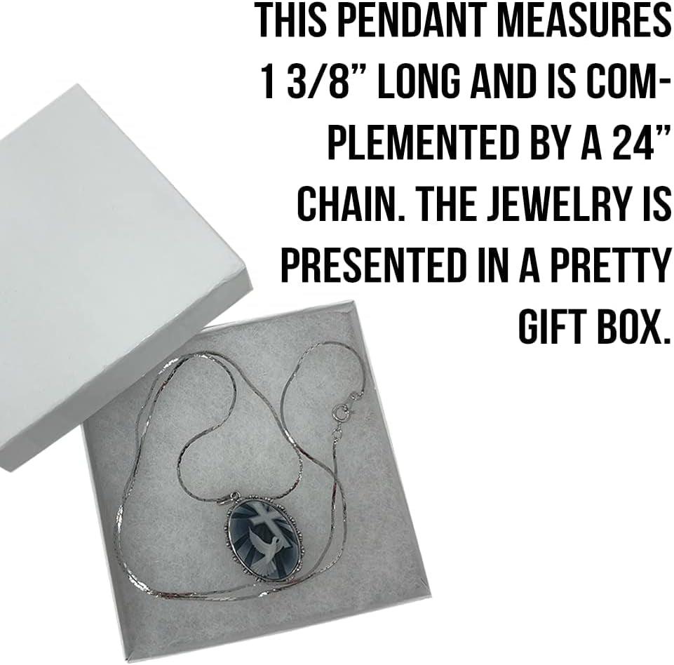 Dove with Cross Cameo Pendant | 925 Sterling Silver | Religious Jewelry | 24'' Chain | Gift Boxed, Silver, White