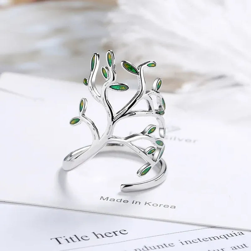 925 Sterling Silver Tree of Life Green Tree Leaves Adjustable Finger Rings for Women Sterling Silver Jewelry Wedding Party Gift