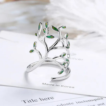 925 Sterling Silver Tree of Life Green Tree Leaves Adjustable Finger Rings for Women Sterling Silver Jewelry Wedding Party Gift