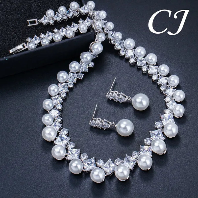 CANDICE High Quality White Gold Plating Square CZ Stone With White Pearl Luxurious Bridal Jewelry Wedding Choker Necklace and Drop Earrings Sets for Brides Dress Accessories