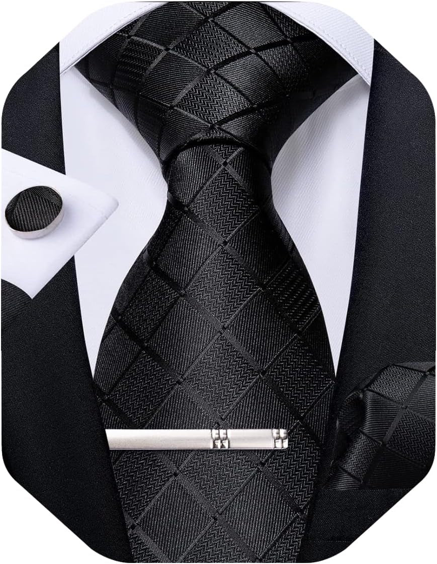 Plaid Ties for Men Silk Checkered Necktie and Pocket Square Cufflinks Tie Clip Set with Gift Box for Wedding Business