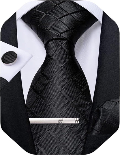 Plaid Ties for Men Silk Checkered Necktie and Pocket Square Cufflinks Tie Clip Set with Gift Box for Wedding Business