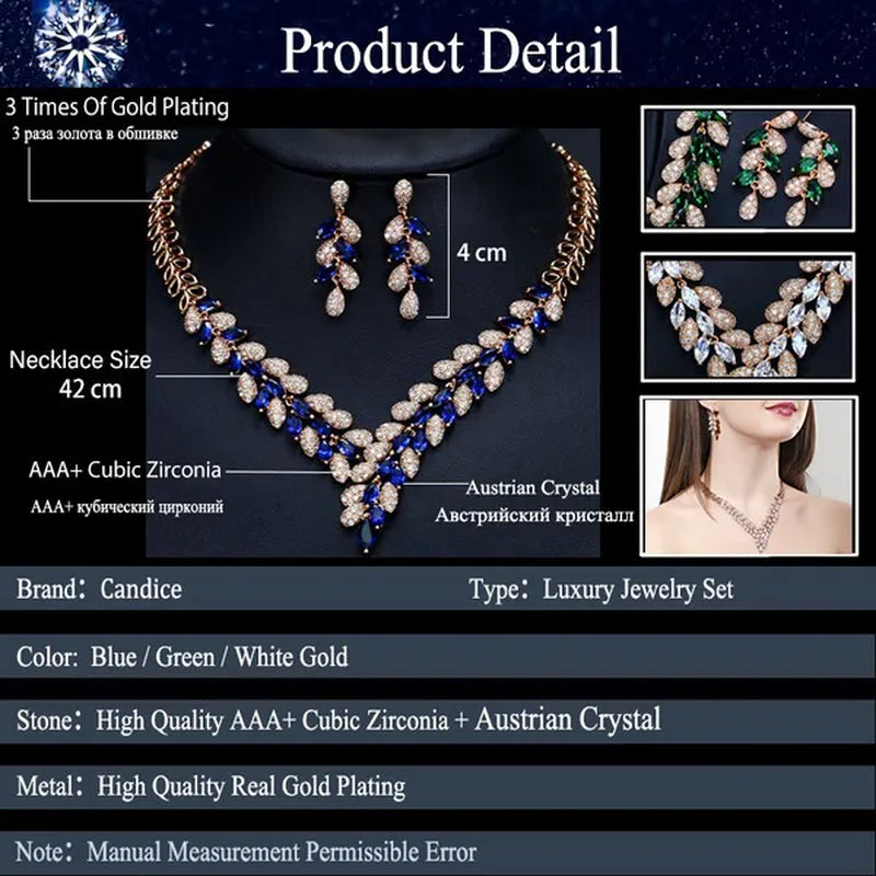 CANDICE High Quality Green Crystal Dubai Gold Plated Jewelry Sets Luxury CZ Stone African Necklace Earrings Wedding Set for Bridal Party