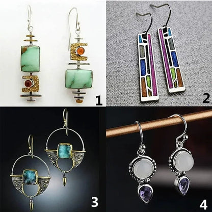 1 pair Antique 925 Sterling Silver Pendant Earrings Natural Gemstone Inlay Dangle Earrings Bridal Engagement Wedding Anniversary Gift  Bohemian Style Earrings