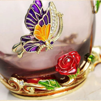 Red Blue Rose Enamel Crystal Cup Flower Tea Cup Butterfly Glass Water Cups Flower Mug with Spoon Set Perfect Gift for Lover Wedding