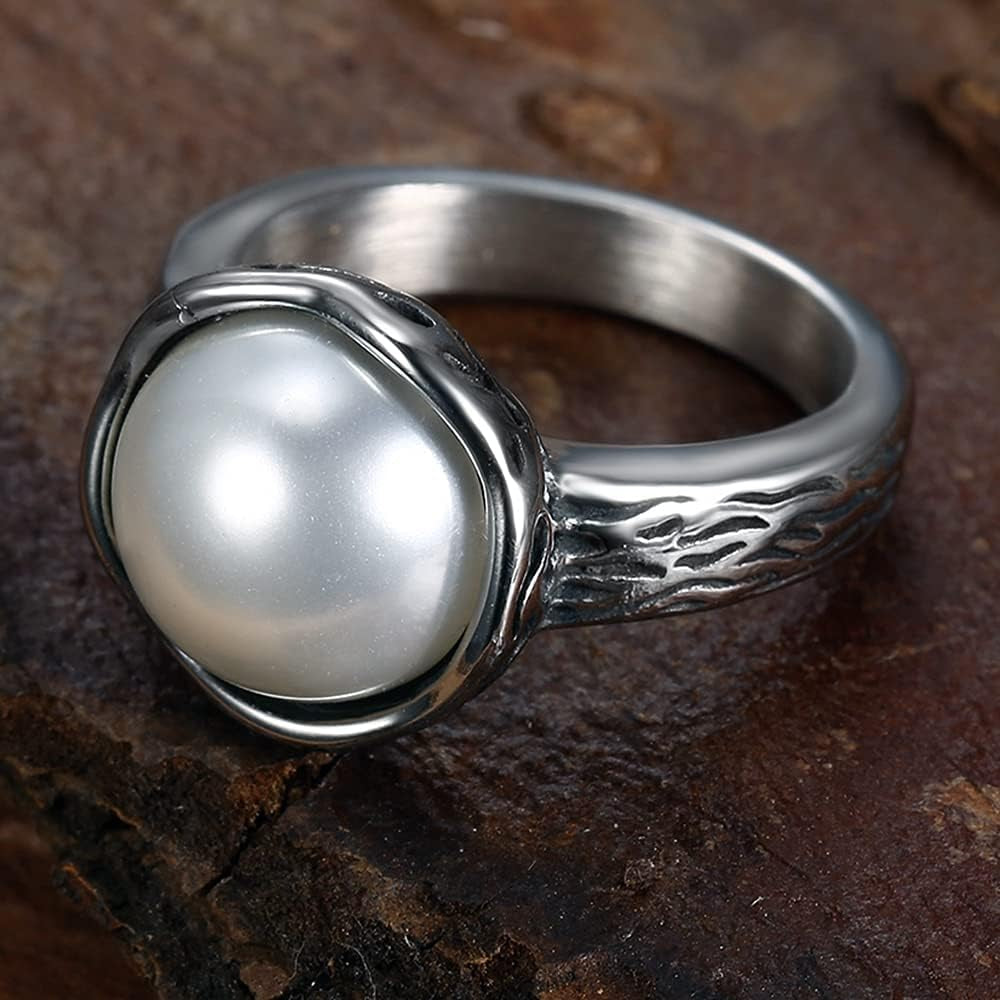 Stainless Steel Faux Pearl Solitaire Style Wedding Engagement Proposal Statement Anniversary Ring