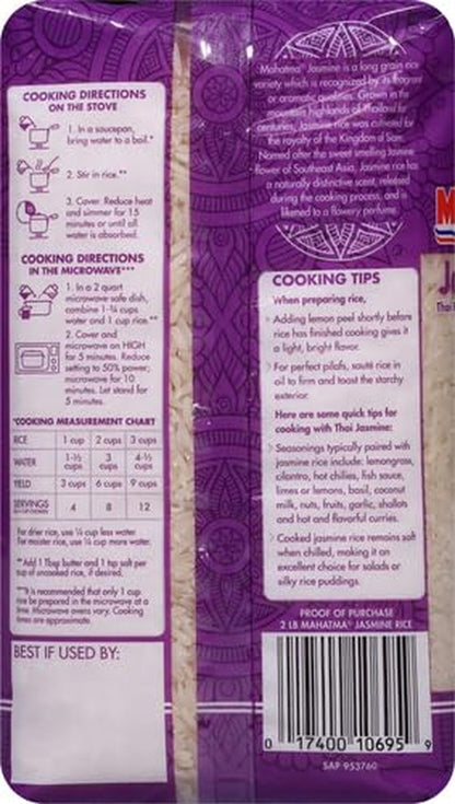 Jasmine Rice, 2Lb Bag of Rice, Thai, Indian, or Cambodian Fragrant Flavored Rice, Stovetop or Microwave Rice