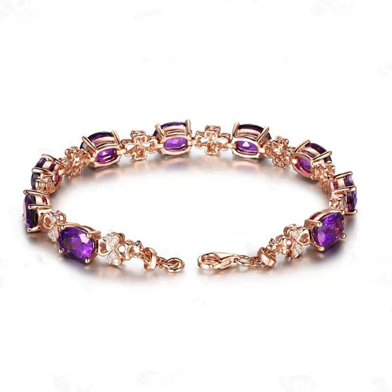 Fashion Amethyst Flower Pendant Necklace Water Drop Cubic Ziconia Earrings Four Leaf Clover Bracelet Double Heart Open-End Ring Jewelry Set For Women Gift