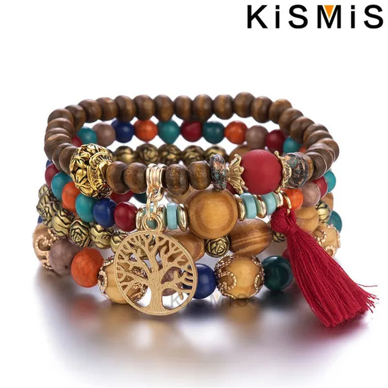 KISMIS 4Pcs/Set Exquisite Fashion Bohemian Bracelet Creative Women's Jewelry Silver Jewelry Tassel Multi Layer Jewelry Bracelet Fashion Jewelry 1 or 2 Sets Optional