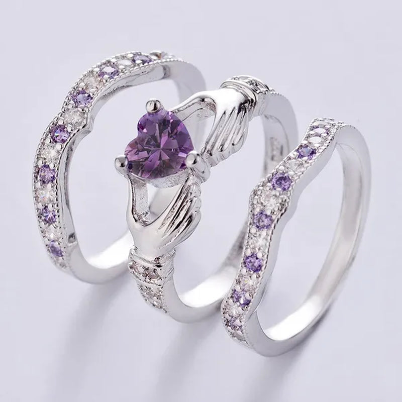 3-piece heart amethyst women's ring wedding ring set green red blue fashion jewelry size 5-12